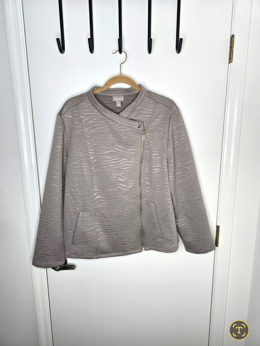 Chico's Quilted Asymmetrical Zip Jacket in Light Taupe Chico's 3 XL